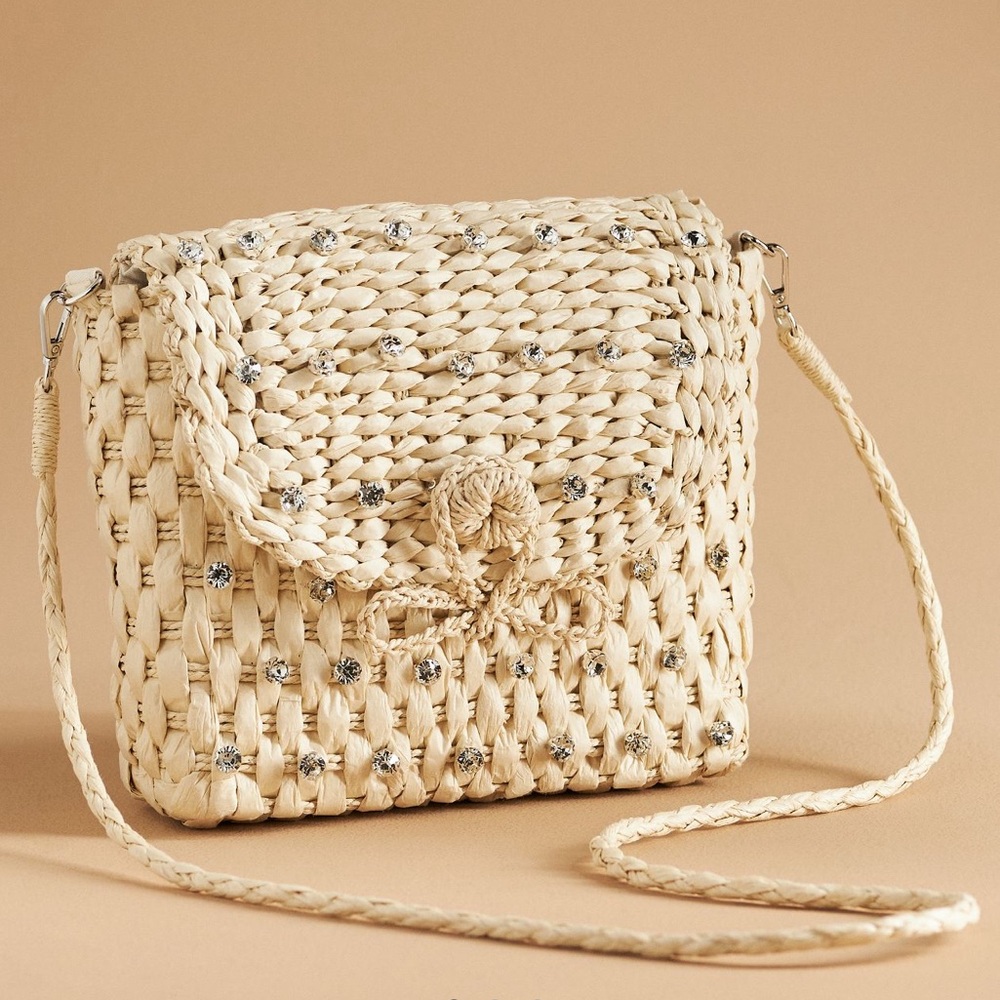Anthropologie Embellished Straw Crossbody‎ Bag NWT Tan Cream Woven